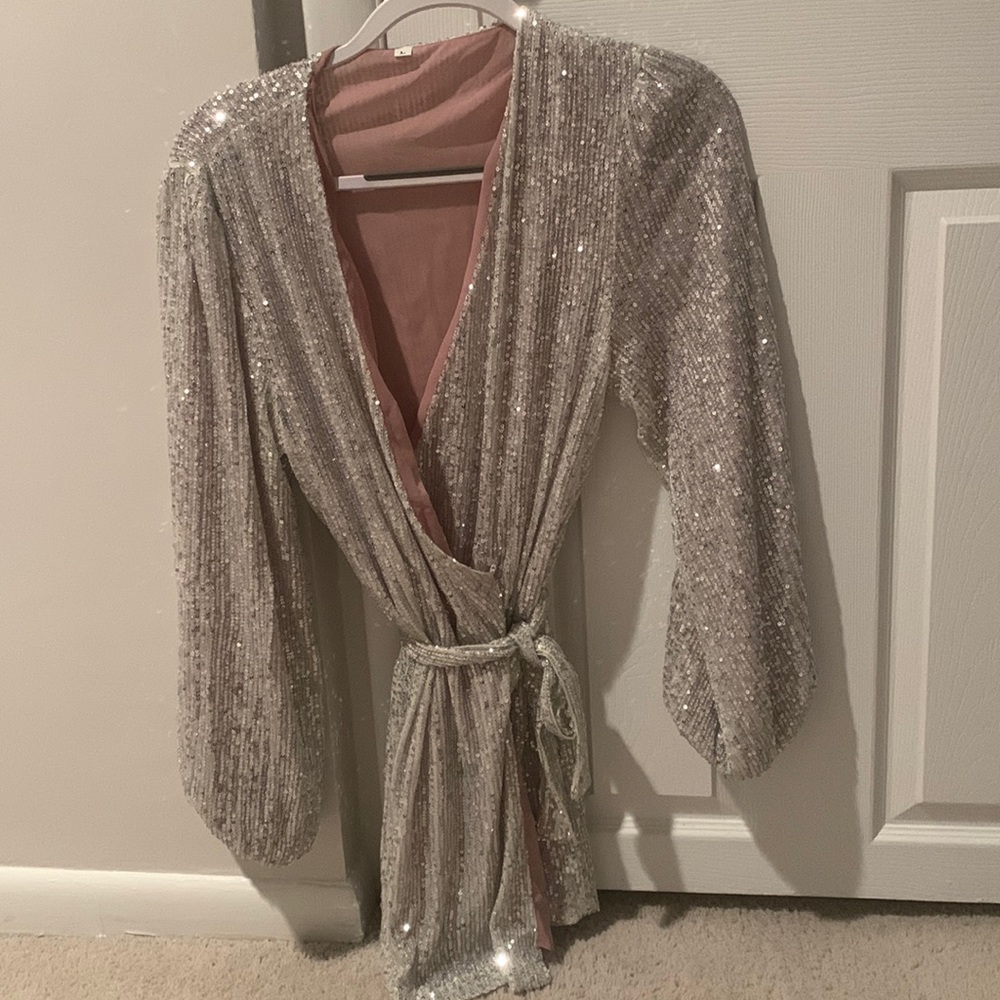 Silver sequin wrap mini dress with removable belt